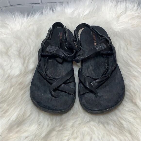 Merrell Strappy Black Leather Thong  Sandals Sz 11 - Picture 2 of 6